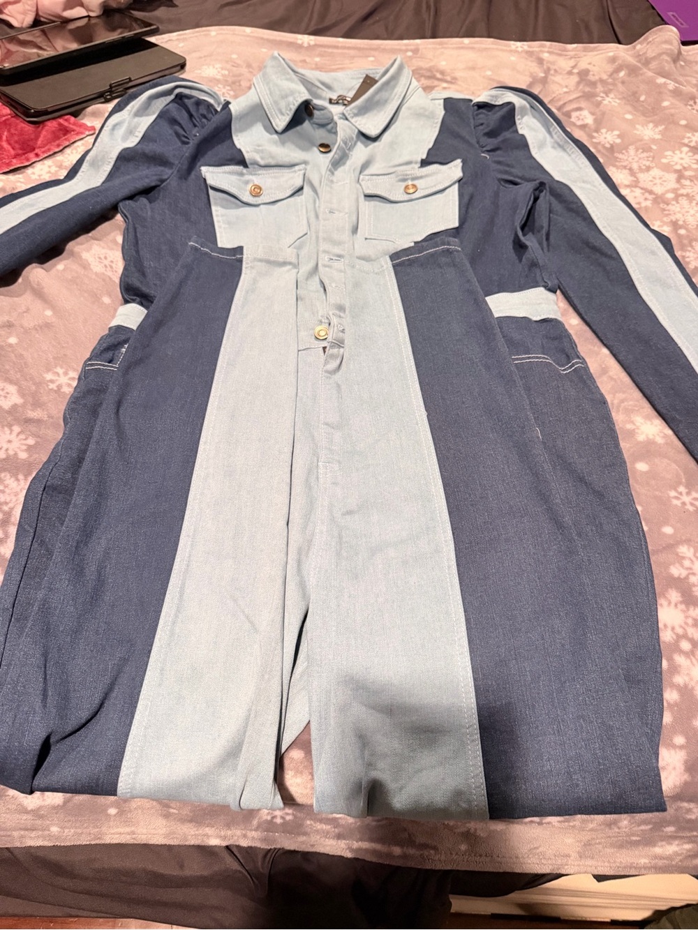 Fashion Nova Two-Tone Light and Dark Denim Jumpsuit